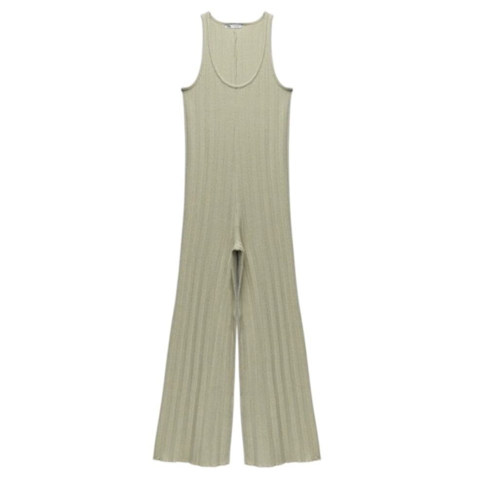 Zara Jumpsuit Womens Medium Green Stretch One Piece Pleated Ribbed Knit Wide Leg